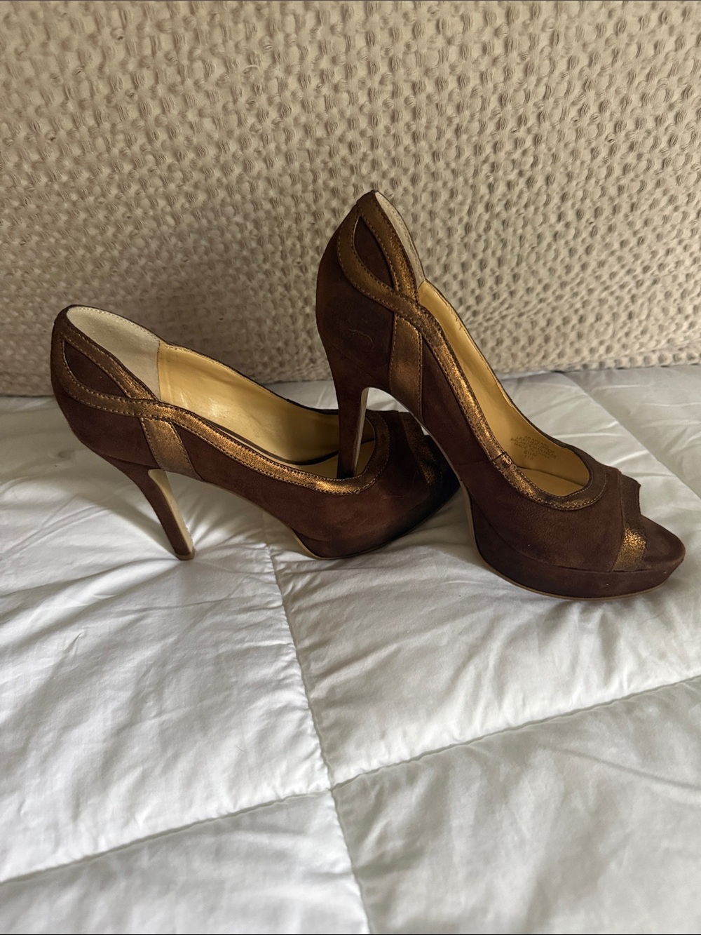 Audrey Brooke Brown Suede Peep-Toe Heels